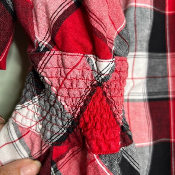 COOGI Button Down Shirt Roll Tab Long Sleeves Red Black Plaid Elastic Waist Sz L - Picture 8 of 12